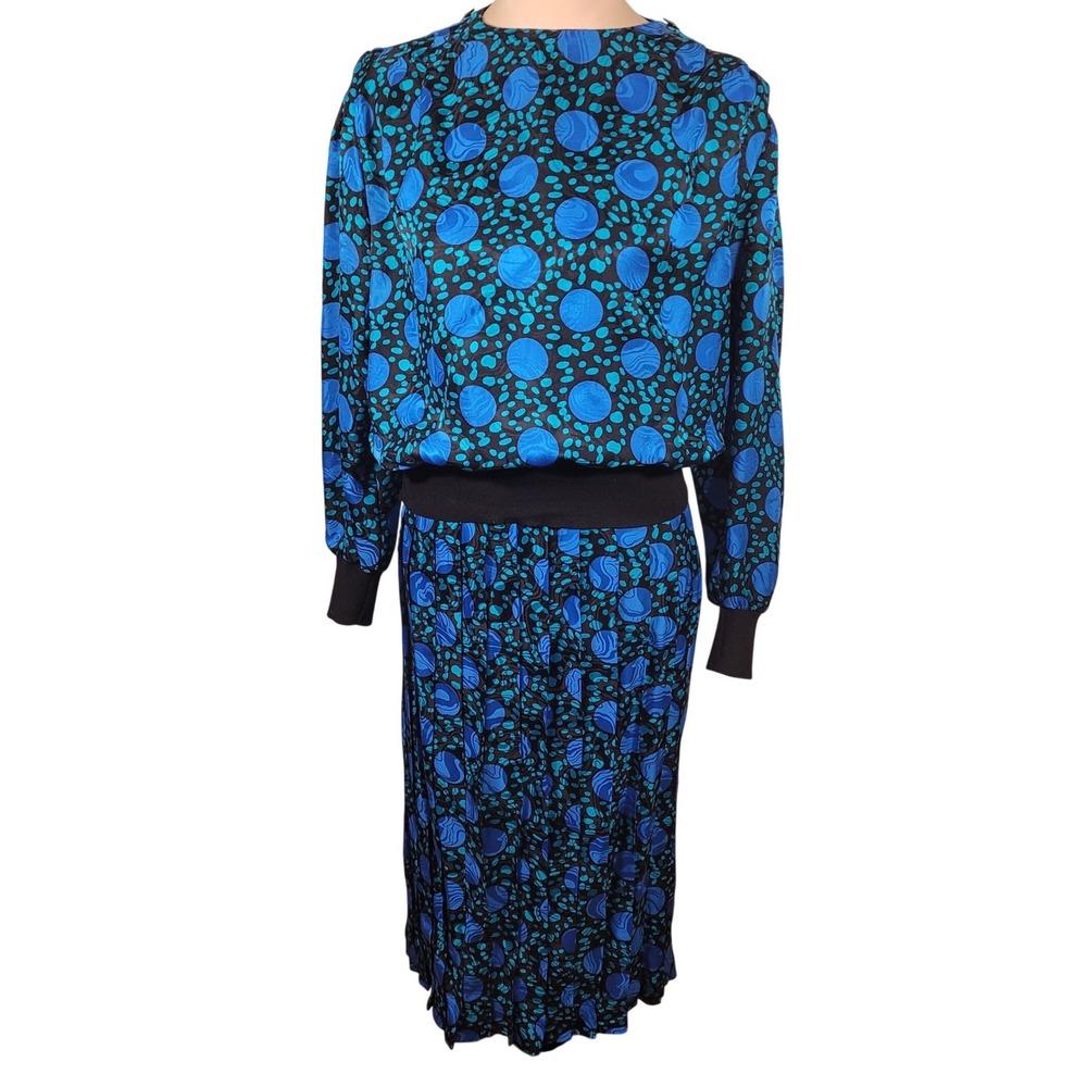 Vintage 80s Silk Abstract Art Skirt Set Blue Jacquard‎ M 10 Tracksuit Maximalist